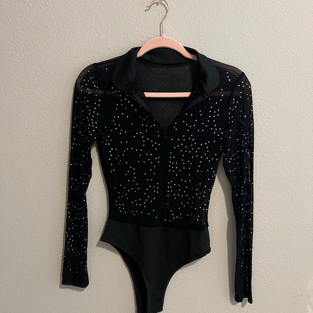Black Long Sleeve Sheer Bodysuit with Diamond Stud Accents